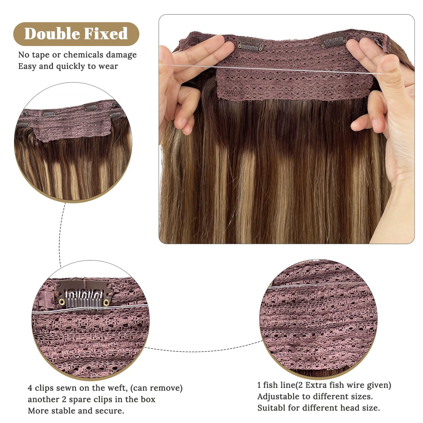 Human Hair Halos Extensions Blonde Highlighted 20 Inch 100g Halos Hair Extensions Real Human Hair Brown with Blonde Balayage Filp in Remy Hair Extensions