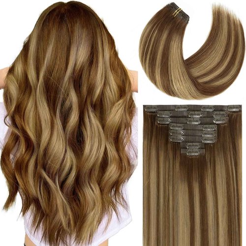Caliee Seamless Hair Extensions Clip in Human Hair Ultra Thin Double PU Skin Weft Real Human Hair Extensions R4-4/27 Chocolate Brown to Caramel Blonde Ombre Clip in Hair Extensions 16Inch 115G 8Pcs