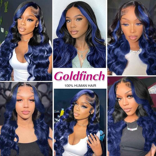 Royal Blue Lace Front Wigs Human Hair Highlight Skunk Stripe 13x4 HD Lace Frontal Wig Body Wave Pre Plucked With Baby Hair 150% Density Ombre Dark Blue Virgin Human Hair Wigs Glueless 20 Inch
