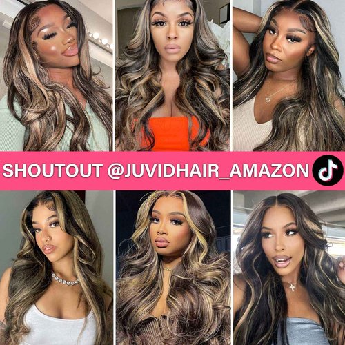 Juvid 13x6 Balayage Wig Human Hair Body Wave HD Transparent Lace Front Glueless Wigs Pre Plueked FB/27 Highlight Ombre Honey Blond Wig 200% Density colored Lace Frontal Human Hair Wigs 20inch
