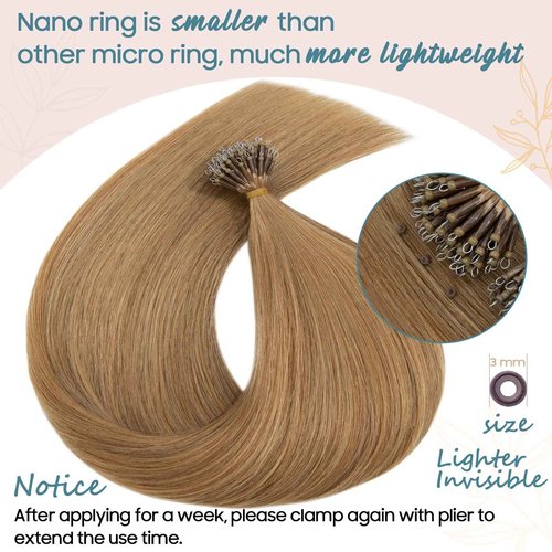 S-noilite Nano Bead Hair Extensions Human Hair Nano Ring Hair Extensions Balayage Pre Bonded Nano Tip Human Hair Extensions Nano Link Hair 50g 50 Strands 18 Inch #27 Dark Blonde