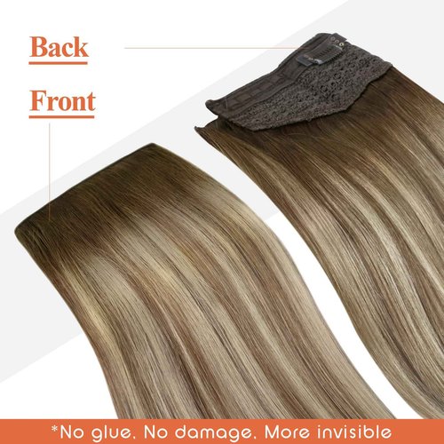 Sunny Hair Wire Hair Extensions Real Human Hair Fish Line Human Hair Extensions Invisible Wire Extensions Brown to Light Brown with Medium Blonde #3/8/22 18 Inch
