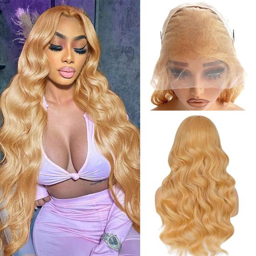Ubetta Honey Blonde Wig Human Hair, Body Wave Honey Blonde Lace Front Wig Human Hair Glueless 13x4 HD Wigs Human Hair Pre Plucked 180% Density Lace Frontal Human Hair Wigs 27# Blonde Wig 20 Inch