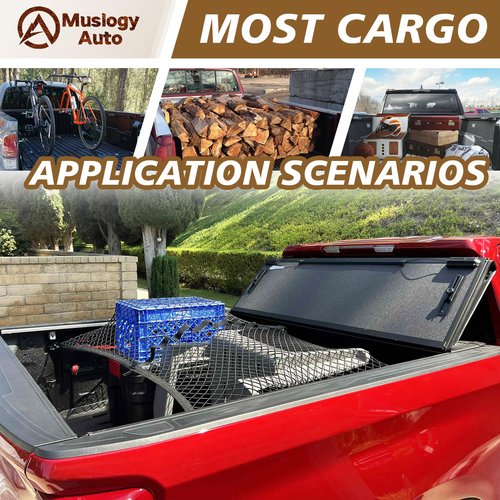 Muslogy Truck Bed Cargo Net Compatible with Pickup Truck Bed Organizer Stretchable 4'x4' to 7'x7' High Elastic Heavy Duty Upgraded Reinforced Storage Net with 10 Metal Carabiners (Single Layer)