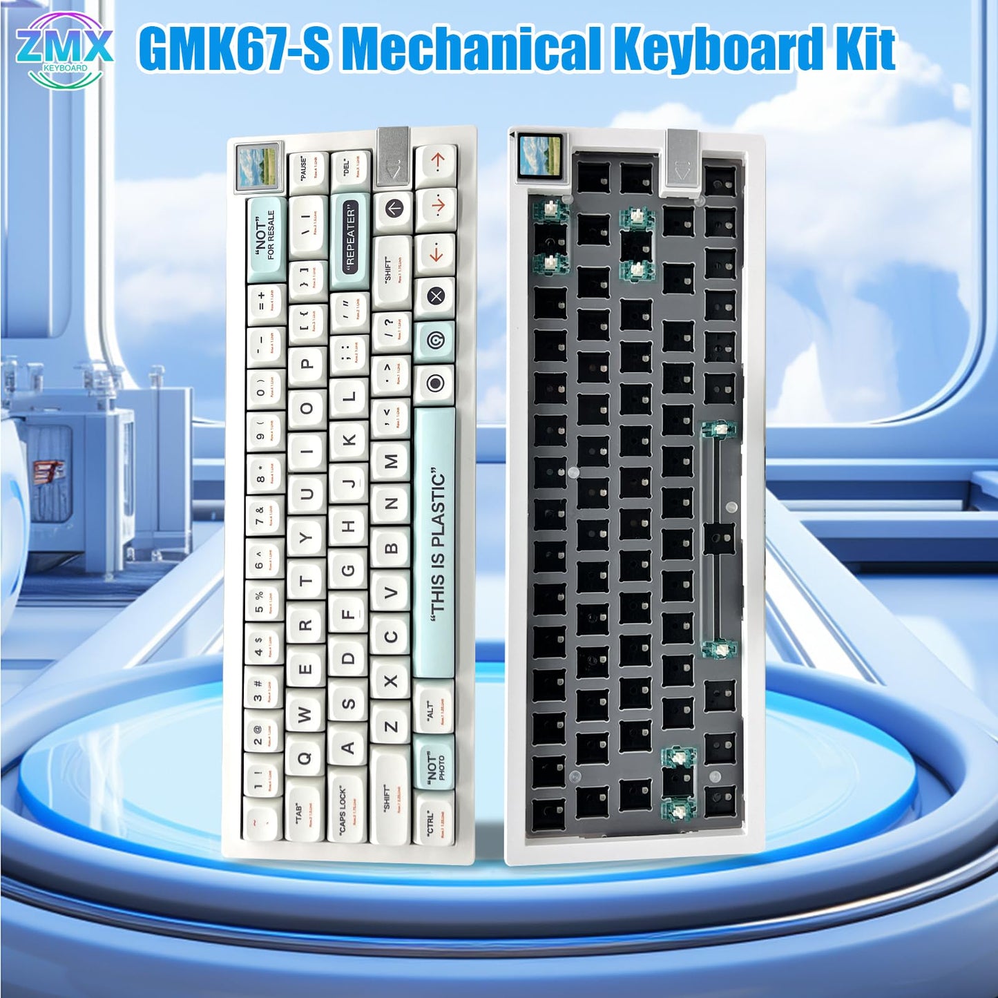 ZMX GMK67S Keyboard Barebones Kit,65% Gasket Mount Hot Swap PCB Tri-Mode BT5.0/2.4G/Type-C Wireless Mechanical Keyboard with TFT-LCD Screen VIA Programmable Custom RGB Gaming Keybaord DIY Kit (White)