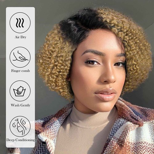 WIGER Short Curly Bob Lace Front Human Hair Wig Ombre Blonde Pixie Curly Glueless Wigs Side Part HD Lace Water Wave Wig Brazilian Virgin Human Hair Afro Kinky Lace Frontal Wigs (OT1B/27)