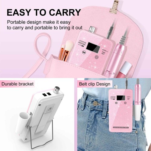 Professional Electric Nail Drill File: COSYGLOW Glitter Portable E-File Nail Drill Kit with11 Drill Bits Pink&Black