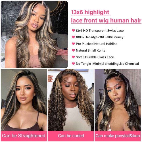 Juvid 13x6 Balayage Wig Human Hair Body Wave HD Transparent Lace Front Glueless Wigs Pre Plueked FB/27 Highlight Ombre Honey Blond Wig 200% Density colored Lace Frontal Human Hair Wigs 20inch