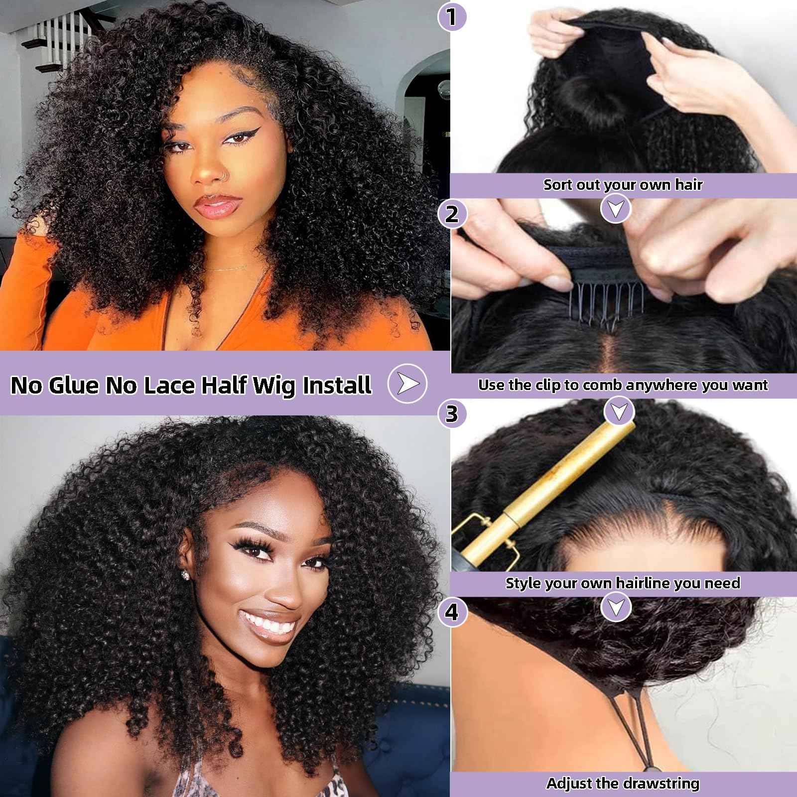 Kinky Curly Half Wig Human Hair 220 Density 3 In 1 Seamless Flip Over Half Wigs Wear Go Glueless Wigs Human Hair With Drawstring Beginner Friendly Curly Half Headband Wig Human Hair For Women 20 Inch