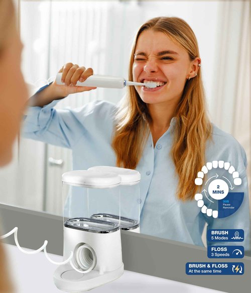 Electric Toothbrush and Water Flosser - Water Flossers for Teeth Electric Cleaning Brush with 5 Replacement Brush Heads, 5 Brush Modes, 17 Oz, 3 Stage Floss Tooth Brush 3 in 1 Teeth Cleaning Kit