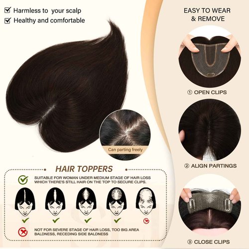 POWERASIA Large Coverage 5.1x5.9inch Hair Toppers for Women Real Human Hair No Bangs Swiss Base Wig Topper Womens Hair Topper for Thinning Hair 150% Density Remy Hair Wiglets #2