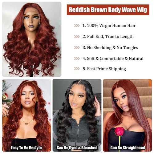 Lace Front Wigs for Black Women Human Hair Reddish Brown Body Wave Wigs 13X4 HD Transparent Lace Front Wig 180% Density Brazilian Virgin 12A Human Hair Wig Pre Plucked with Baby Hair Glueless Wigs 26"