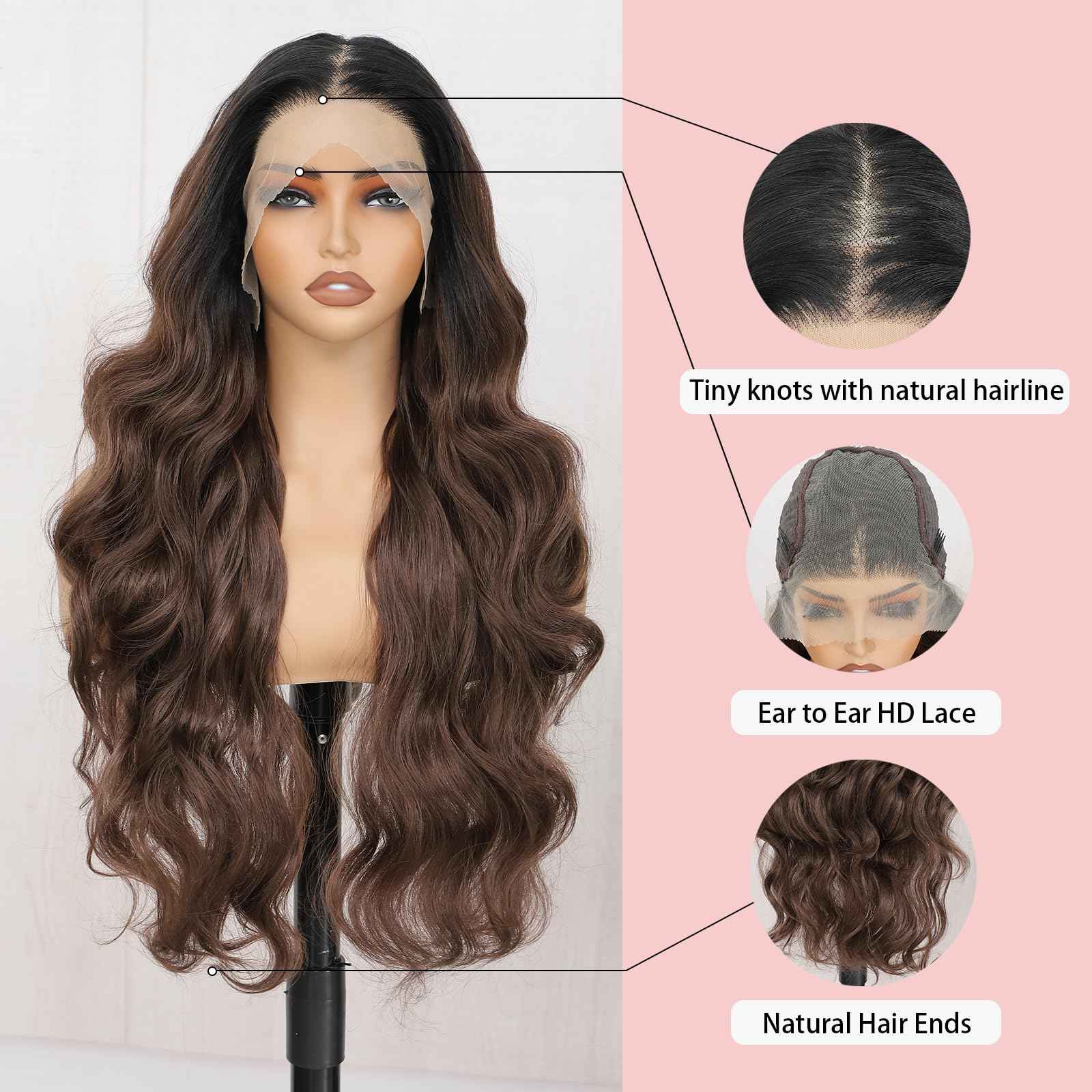 13x6 Lace Front Wigs Ombre brown Lace Frontal Wig HD Lace Body Wave Pre Plucked Tiny Knots 28 Inch Pre-layered Long Wavy Synthetic Lace Wig