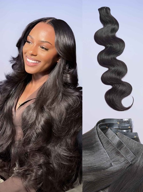 LUVME Invisible Clip in Hair Extensions Body Wave Real Human Hair, Remy Human Hair Extensions Clip ins for Women, Natural Human Hair, 16 inch 110g 6Pcs, Natural Black