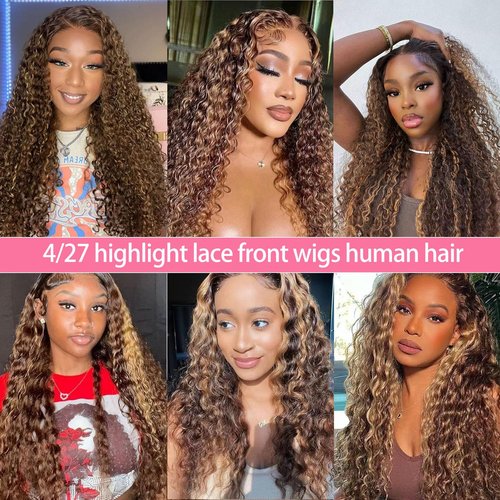 BLOCKICE 4/27 Highlight Ombre Lace Front Wigs Human Hair Pre Plucked 13x4 HD Honey Blonde Lace Front Wig Human Hair Wigs for Black Women 150% Density Deep Wave Glueless Wigs Human Hair 30 Inch