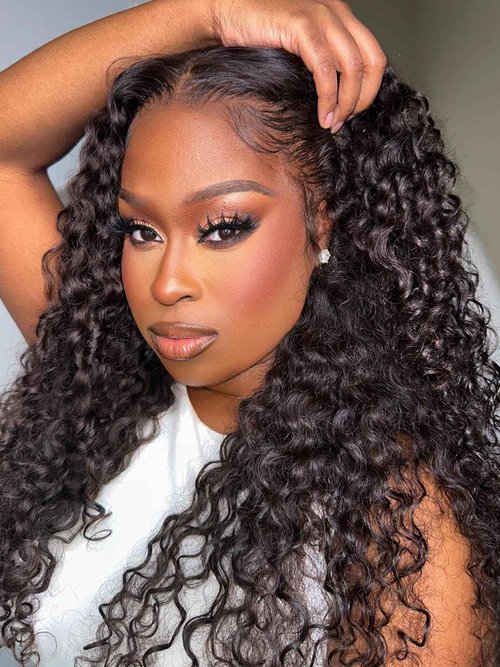 ORIGINAL QUEEN 13x6 Water Wave Lace Front Wigs Human Hair Pre Plucked Pre Bleached Knots Deep Curly Human Hair Wigs for Women 13X6 Lace Frontal Wig 200% Density Natural Color 24Inch