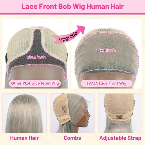 Evala Bob Wig Human Hair Silver Wig 13x4 Lace Front Wig Human Hair Bob 10 inch #Silver Human Hair Bob Wig 180% Density Short Bob Wig Colored Bob Wig Human Hair