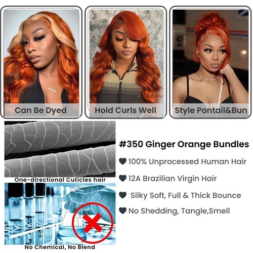 ALHER #350 Ginger Orange Body Wave 13x4 Lace Frontal Human Hair 18 Inch, Copper Orange Colored HD Transparent Lace Frontal Closure Ear to Ear 100% Virgin Remy Human Hair 150% Density