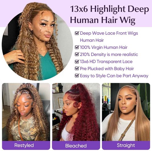 Harmsh Honey Blonde Highlight Ombre Lace Front Wig Human Hair 210 Density 13x6 HD Lace Front Wigs Human Hair Deep Wave Curly Lace Frontal Wigs Pre Plucked with Baby Hair 24Inch