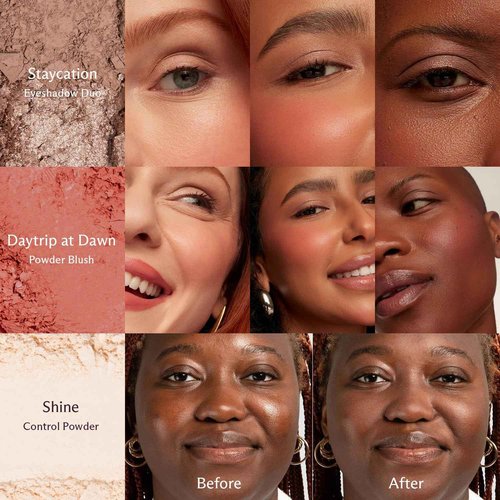 Subtl Staks 6-in-1 Stackable Travel Makeup Kit by Subtl Beauty - New Lip Glaze, Eyeshadow, Highlighter, Lip + Cheek, Blush, Shine Control - Includes Mirror & Brush - Compact Makeup for On the Go