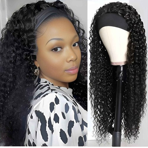 Prisyfab Curly Headband Wig Human Hair 22Inch Human Hair Headband Wig Glueless Wear and Go Human Hair Scarf None Lace Front Wigs 150% Density Natural Color