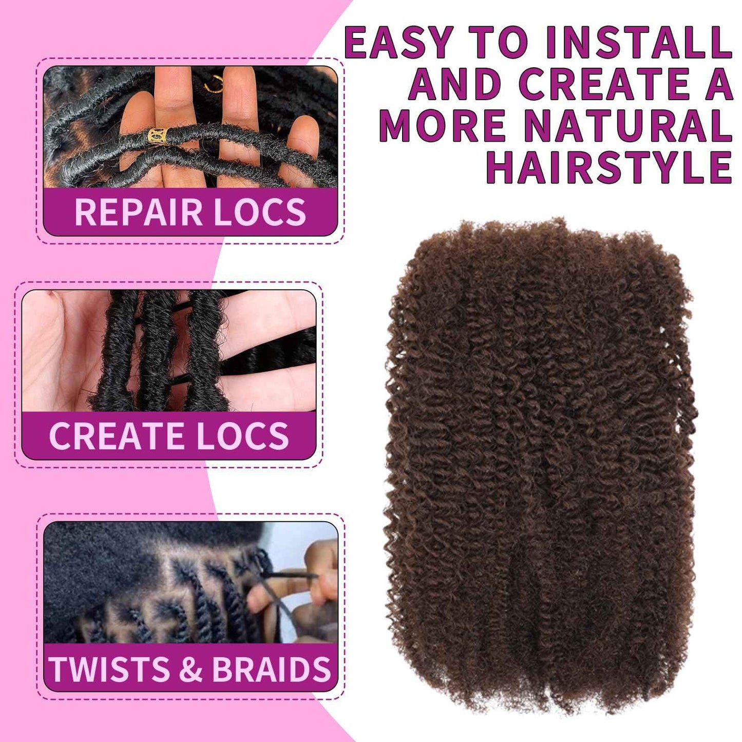 Geogroket Afro Kinkys Bulk Human Hair for Permanent Micro Locs/Twists/Braids/Repair No Short Hair Medium Brown 4C Afro Kinky Curly Bulk Human Hair 16 Inch 4#