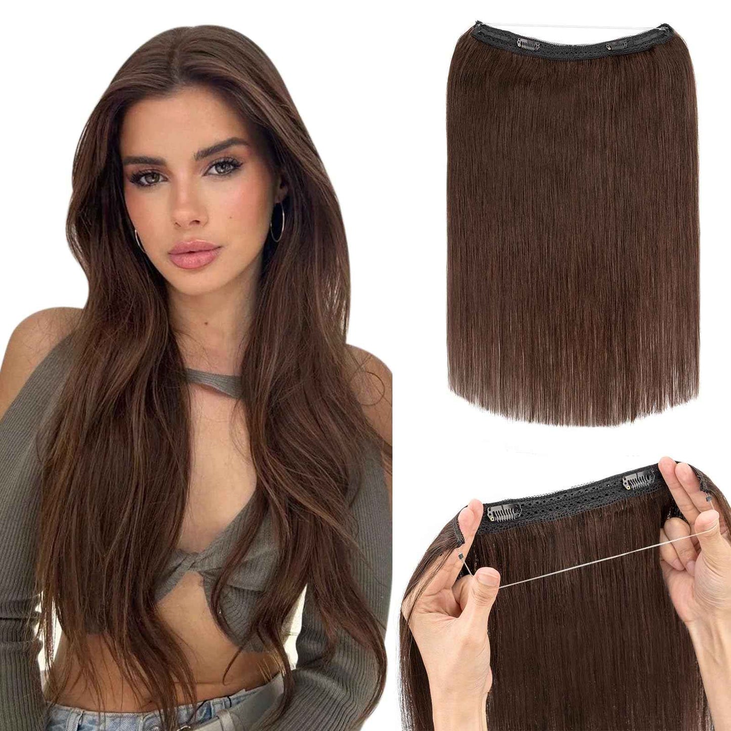 Hairro Wire Hair Extensions Human Hair, Fish Line Invisible Adjustable & Clips in Extensions Straight, 100% Real Hairpieces Seamless Blending for Women, 18 Inch 80g Dark Brown