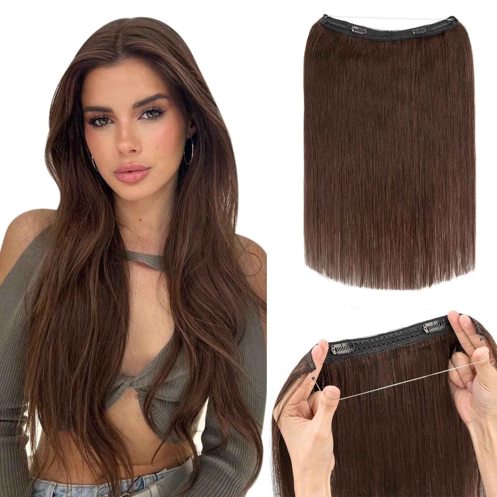 Hairro Wire Hair Extensions Human Hair, Fish Line Invisible Adjustable & Clips in Extensions Straight, 100% Real Hairpieces Seamless Blending for Women, 18 Inch 80g Dark Brown