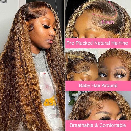 ZZMDS 26 Inch 13x6 Highlight Ombre Deep Wave Lace Front Wigs Human Hair Pre Plucked #4/27 Colored Glueless Wigs Water Wave Honey Blonde Curly Lace Frontal Wigs Human Hair for Women