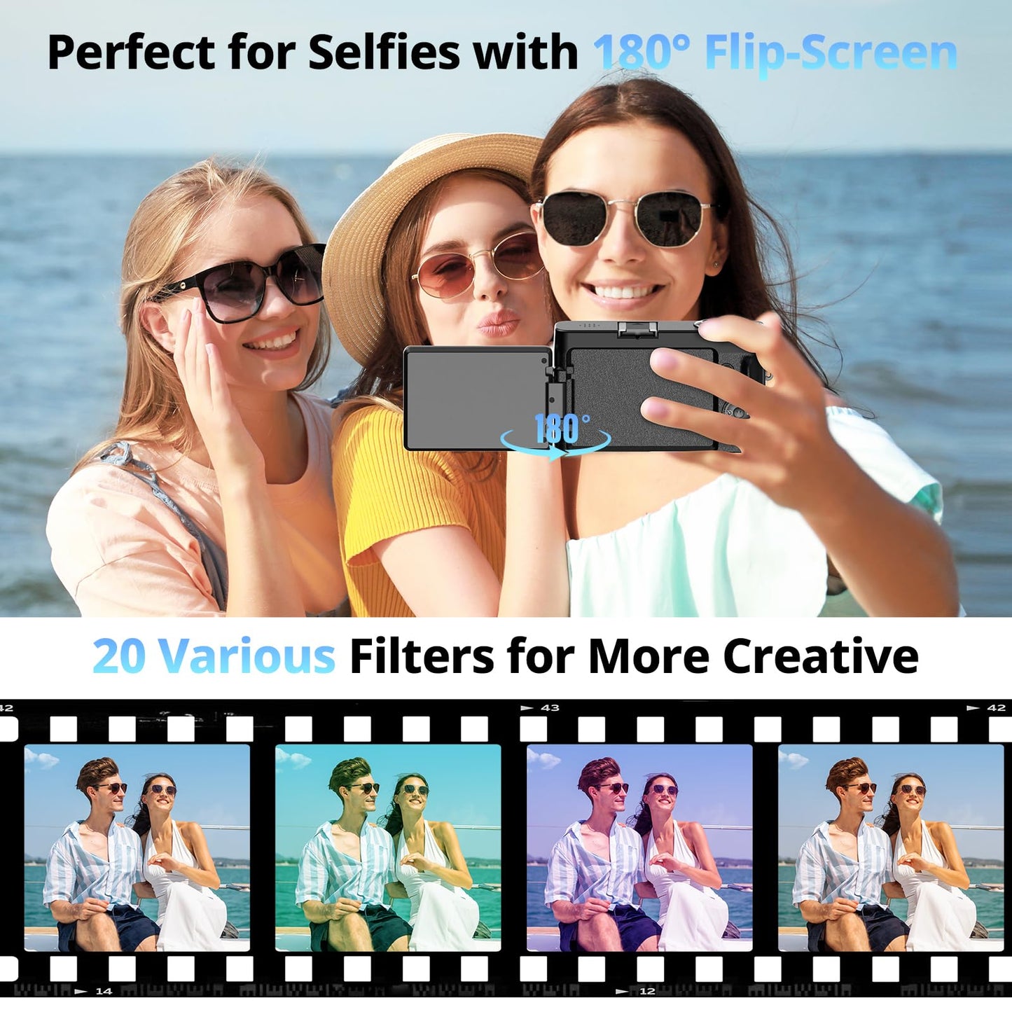 4K Digital Camera for Photography and Video, Autofocus 48MP Vlogging Camera for YouTube with 3'' 180°Flip Screen 16X Zoom Compact Travel Cameras with SD Card, 2 Batteries, Anti-Shake, Flash (Black)