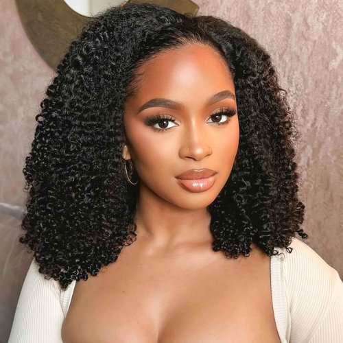 Lametope Glueless Half Wig Human Hair Kinky Curly 200 Density 3 In 1 Seamless Flip Over Drastring Half Wig Human Hair for Beginner Kinky Curly Human Hair Headband Wig for Women （16 Inch）