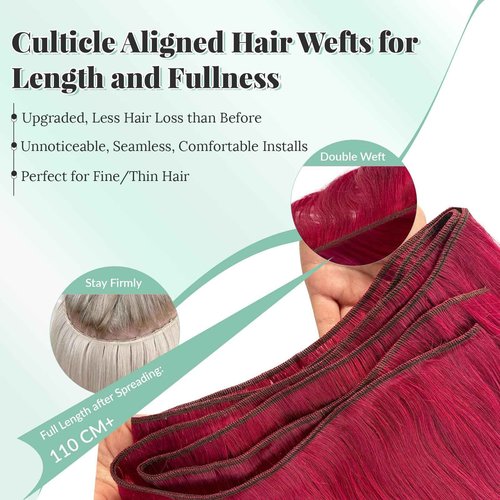 Burgundy Sew in Hair Extensions Real Human Hair Wefts, 22 Inch 120G Full Head Double Weft Burgundy Hair Weft Extensions Hand Tied Natural Straight Human Hair Sew in Extensions for Women