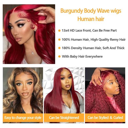 Burgundy Lace Front Wigs Human Hair 99j 13X4 Body Wave Lace Front Wigs 180% Density 100% Brazilian Human Virgin Hair Glueless HD Red Wigs Pre Plucked with Bleached Knots Natural Hairline (26inch)
