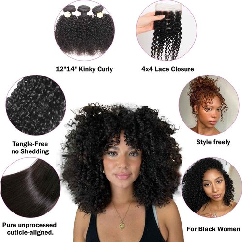 ManeMajesty 12A Brazilian Virgin Kinky Curly Human Hair Bundles 3 Pcs 14 Inch Bundle with 4x4 Lace Closure 100% Unprocessed Brazilian Vrigin Human Hair Curly Extensions for Black Women Natural Color