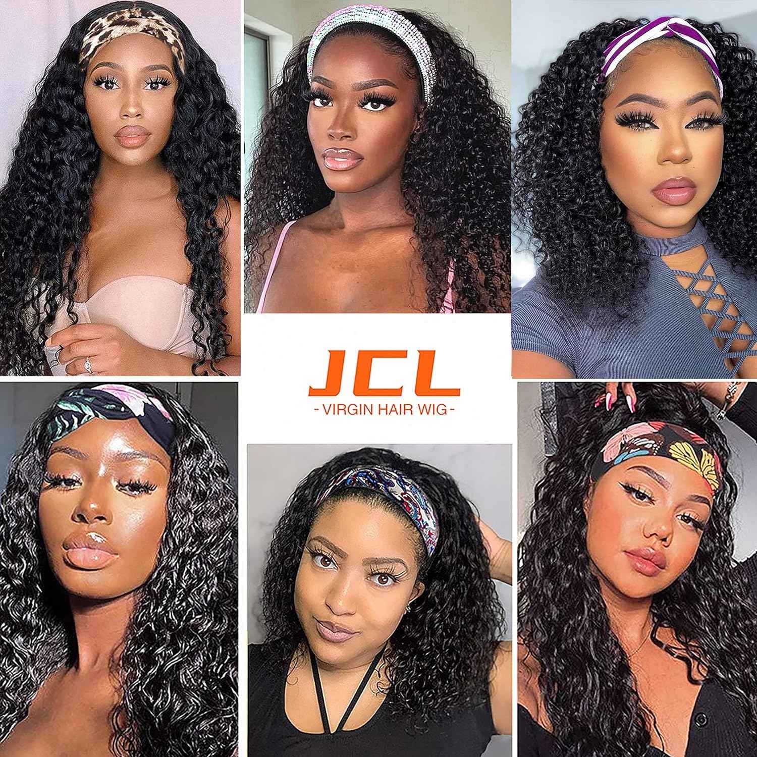 JCL Curly Headband Wig Human Hair Headband Wig 180% Density 12A Glueless Wigs Human Hair 16 Inch Headband Wigs Curly Wave headband Wig Natural Color Human Hair Wigs for Black Women Human Hair