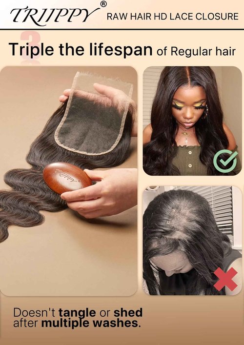 Triippy Raw Hair 5x5 HD Lace Closure Body Wave More Less Shedding than Regular Virgin Hair, 0.10mm Ultra-Thin 5x5 Swiss Real HD Lace with 100% Raw Cambodian Human Hair 14 Inches