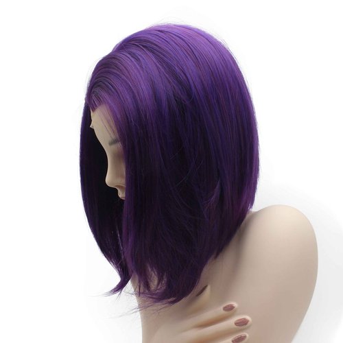 iwonawig Iewig Short Bob Straight Wig Half Hand Tied Purple Synthetic Lace Front Heat Friendly Fiber