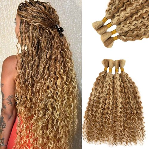 Human Braiding Hair for Boho Braids Virgin Human Hair 3 Bundles 150g Water Wave Bulk Human Hair for Braiding Honey Blonde Curly No Weft Hair Extensions for Bohemian Braids 26 inch