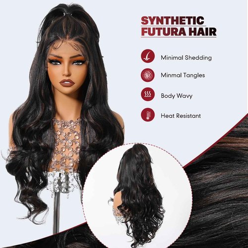 Allbell 13x6 Lace Front Wigs Brown Highlight Black Wig 26Inch Long Body Wave Brunette Synthetic Lace Wig for Women,Wig with Pre Plucked Natrural Hairline and Baby Hair for Daily Party Use