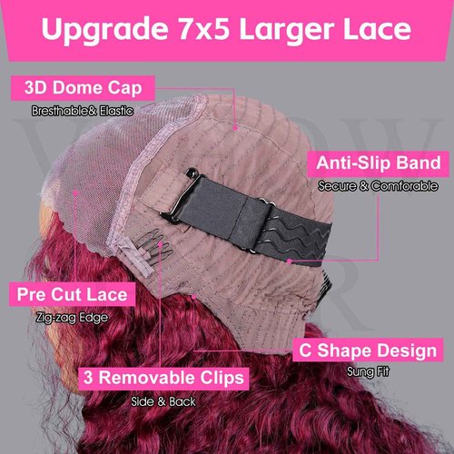 V SHOW 99J Burgundy Lace Front Wigs Human Hair 180% Density Deep Wave 7x5 HD Lace Closure Wig Human Hair Wine Red Glueless Wigs Human Hair Pre Plucked Pre Cut Burgundy Wig 20 Inch