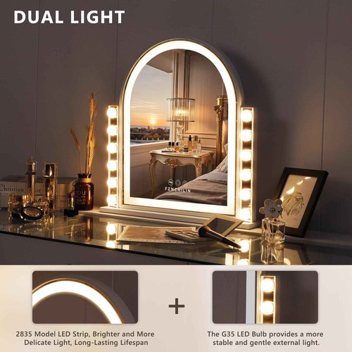FENCHILIN Arch Vanity Mirror with Light 23.4"x22.4" Arched Makeup Mirror Lighted Hollywood Mirror with 12 Dimmable Bulbs and Light Strip with Smart Control 3 Color Modes White