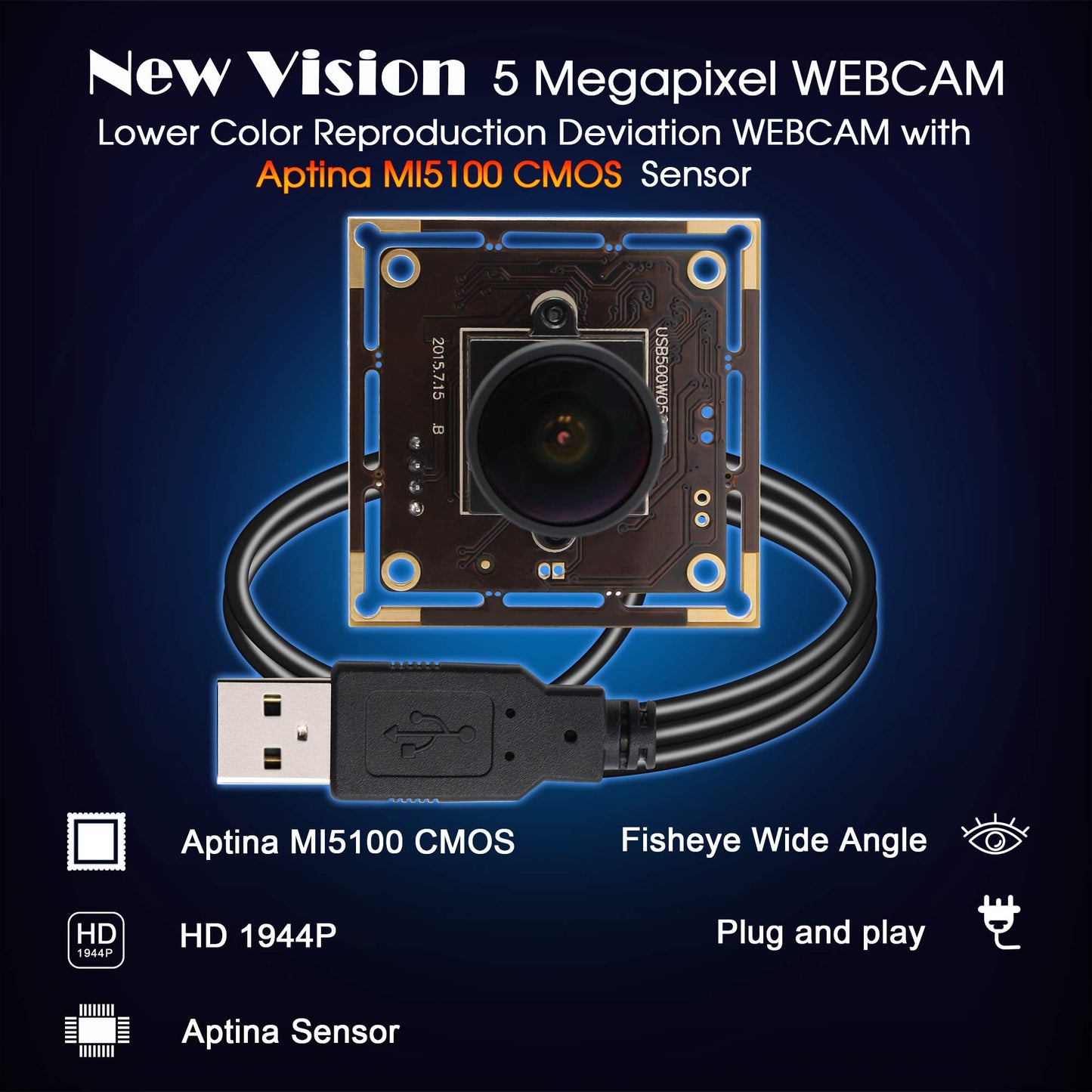 5MP HD 1944P Webcam 170 Degree Fisheye USB Camera Module with Aptina 1/2.5 MI5100 CMOS Sensor Webcamera Mini Industrial Web Cam,Plug&Play Support USB 2.0 OTG UVC