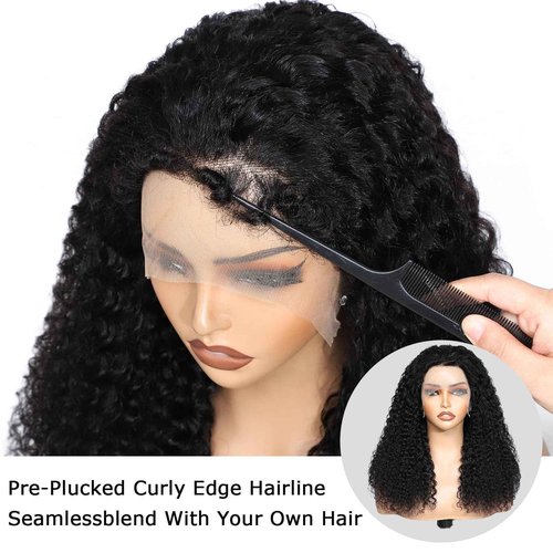 Qmaple 4C Edges Kinky Curly Lace Front Wigs Human Hair 200% Density Deep Wave Curly Wig Pre-Plucked Hairline 13x4 HD Transparent Lace Frontal Wigs With Curly Edges Baby Hair（16 Inch Natural Black）