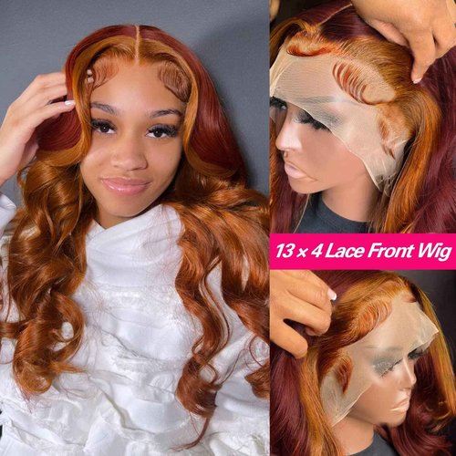 haha Red Orange Ombre Lace Front Wig Human Hair Ginger Red Highlight Lace Front Wig 13x4 Body Wave Lace Frontal Wigs Colored Pre Plucked Brazilian Remy Hair Skunk Stripe Wig 18 Inch 150% Density