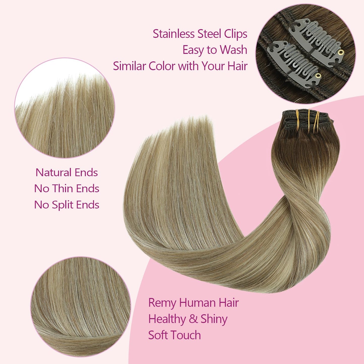 PINKPEARL Clip in Human Hair Extensions #3/8/22 Balayage Walnut Brown to Ash Brown and Golden Blonde Clip in Hair Extensions Real Human Hair 7pcs 120g 16inch Human Hair Extensios Clip ins(#3/8/22-16)