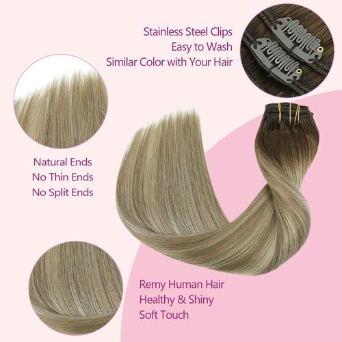 PINKPEARL Clip in Human Hair Extensions #3/8/22 Balayage Walnut Brown to Ash Brown and Golden Blonde Clip in Hair Extensions Real Human Hair 7pcs 120g 14inch Human Hair Extensios Clip ins(#3/8/22-14)
