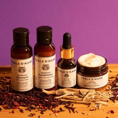 Fable & Mane Good Karma Hair Gift Set, for Stronger, Healthier Hair. Travel-sized Minis of HoliRoots Hair Oil, Hydrating Shampoo, Conditioner and Hair Mask