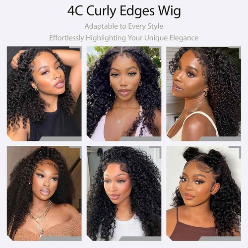 Qmaple 4C Edges Kinky Curly Lace Front Wigs Human Hair 200% Density Deep Wave Curly Wig Pre-Plucked Hairline 13x4 HD Transparent Lace Frontal Wigs With Curly Edges Baby Hair（16 Inch Natural Black）