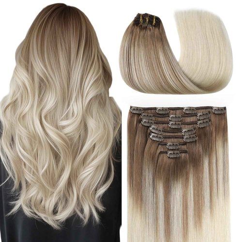 COOKAYU Clip in Hair Extensions Human Hair, 8/60 Ash Brown to Platinum Blonde Ombre Real Hair Extensions Clip in Human Hair, 16inch 120g 7Pcs