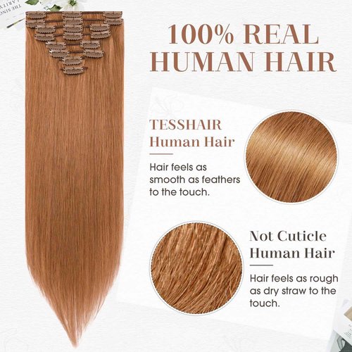 TESSHAIR Clip in Hair Extensions Real Human Hair 16 Inch Human Hair Clip in Extensions Light Auburn Hair Extensions Clip ins Double Weft 100% Real Human Hair Extensions 8 PCS 65g #30